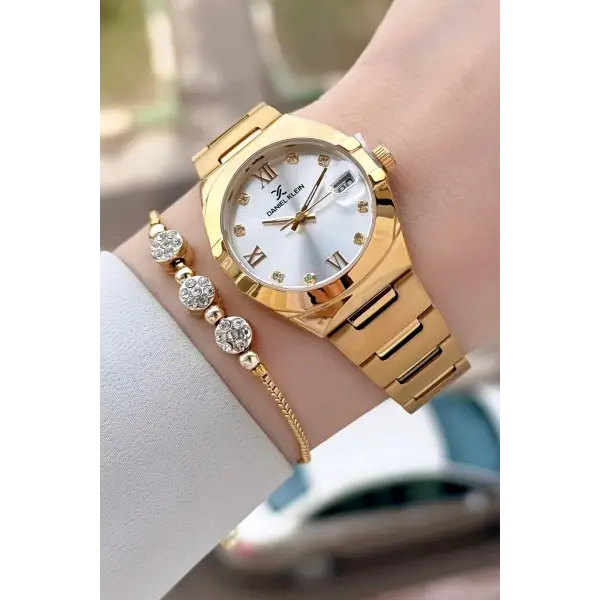 Gold Renk 30 Mm Kadın Kol Saati ve Bileklik