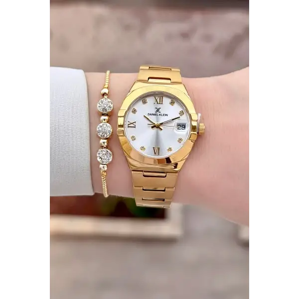 Gold Renk 30 Mm Kadın Kol Saati ve Bileklik