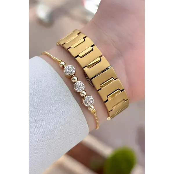 Gold Renk 30 Mm Kadın Kol Saati ve Bileklik