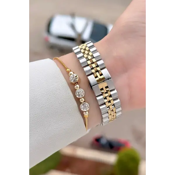 Gold Gümüş Renk 32 Mm Kadın Kol Saati ve Bileklik