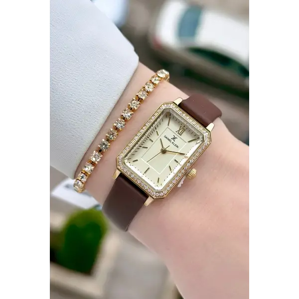 Kasası Gold Kordonu Kahverengi Renk Kadın Kol Saati ve Bileklik