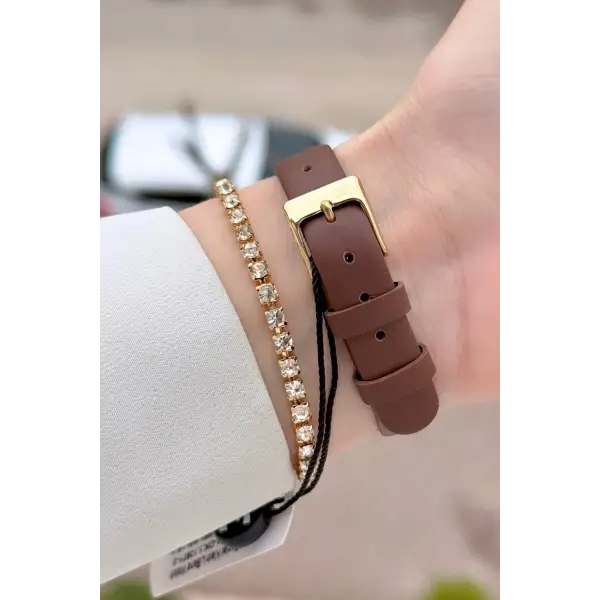 Kasası Gold Kordonu Kahverengi Renk Kadın Kol Saati ve Bileklik