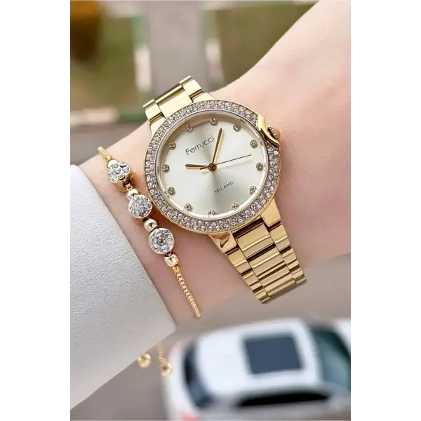 Gold Renk Kadın Kol Saati ve Bileklik