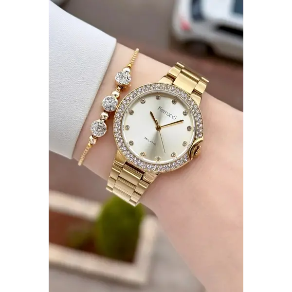 Gold Renk Kadın Kol Saati ve Bileklik