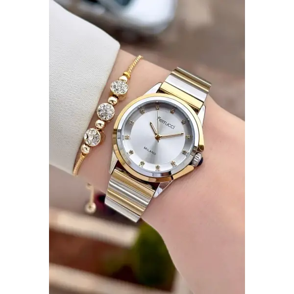 Gold Gümüş Renk Kadın Kol Saati ve Bileklik