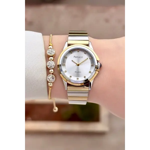 Gold Gümüş Renk Kadın Kol Saati ve Bileklik