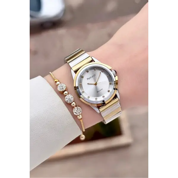 Gold Gümüş Renk Kadın Kol Saati ve Bileklik