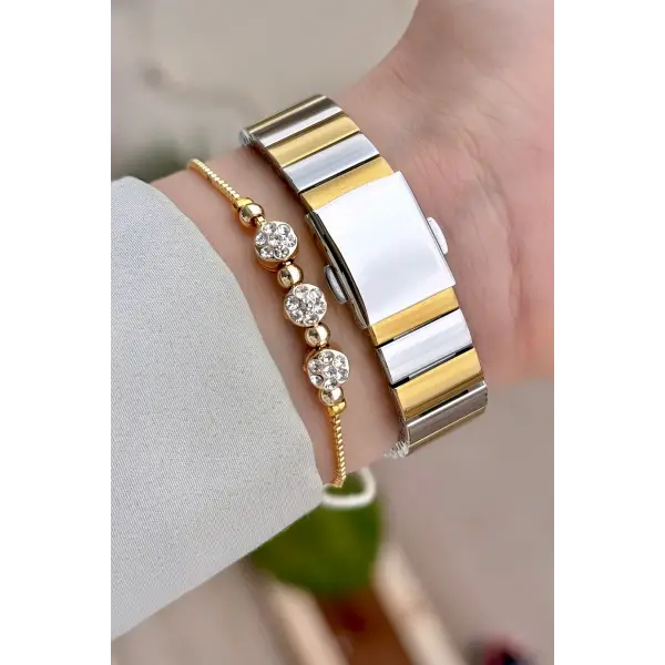 Gold Gümüş Renk Kadın Kol Saati ve Bileklik