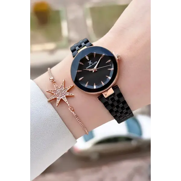 Kadranı Rose Kordonu Siyah Renk 30 Mm Kadın Kol Saati ve Bileklik