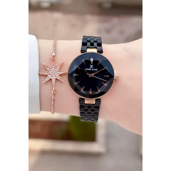 Kadranı Rose Kordonu Siyah Renk 30 Mm Kadın Kol Saati ve Bileklik