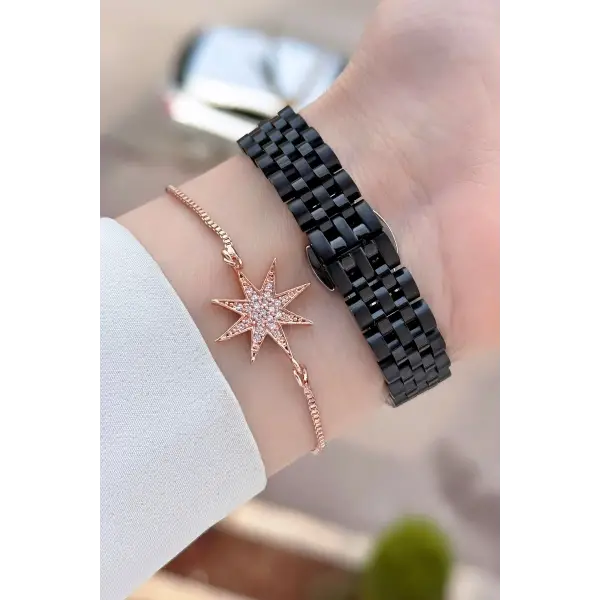 Kadranı Rose Kordonu Siyah Renk 30 Mm Kadın Kol Saati ve Bileklik