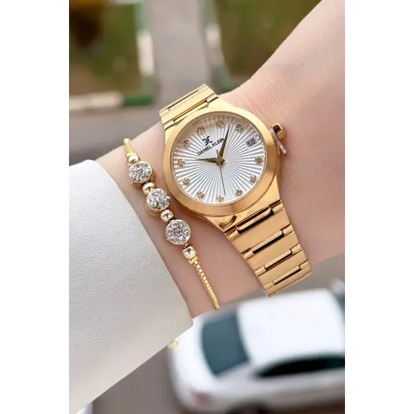 Gold Renk 30 Mm Kadın Kol Saati ve Bileklik