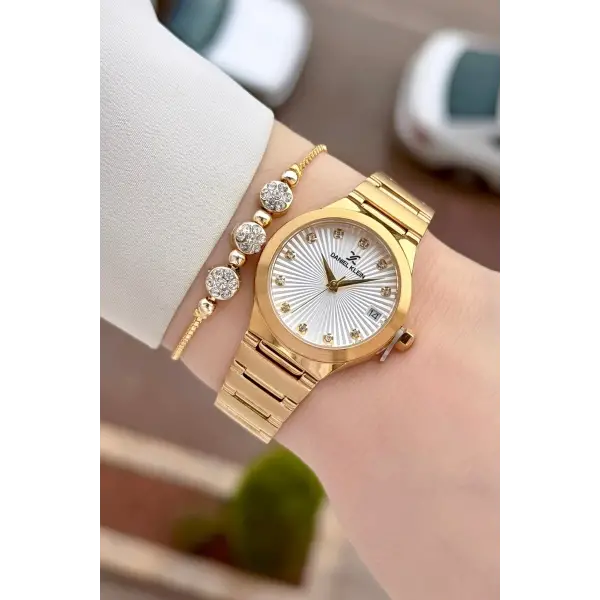 Gold Renk 30 Mm Kadın Kol Saati ve Bileklik