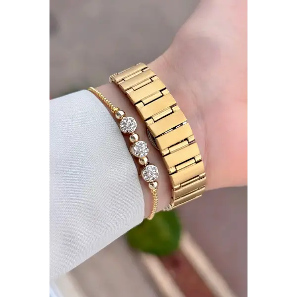Gold Renk 30 Mm Kadın Kol Saati ve Bileklik