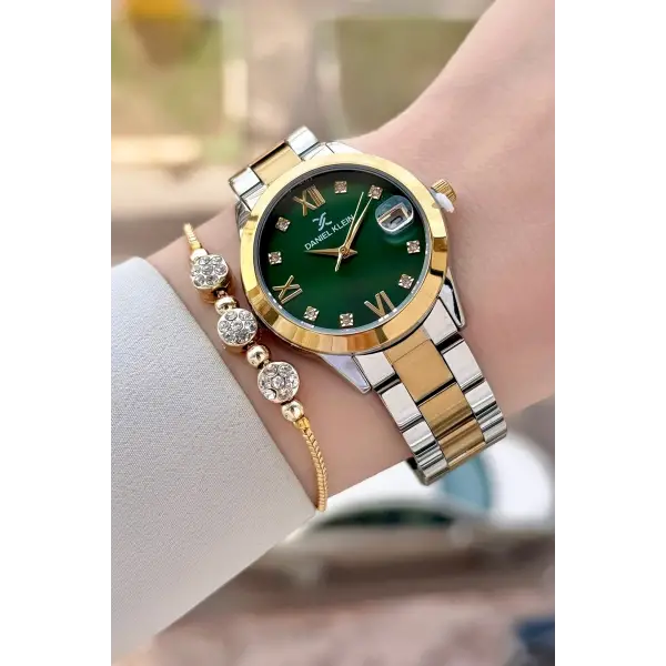 Kadranı Yeşil Kodronu Gold Gümüş Renk 33 Mm Kadın Kol Saati ve Bileklik