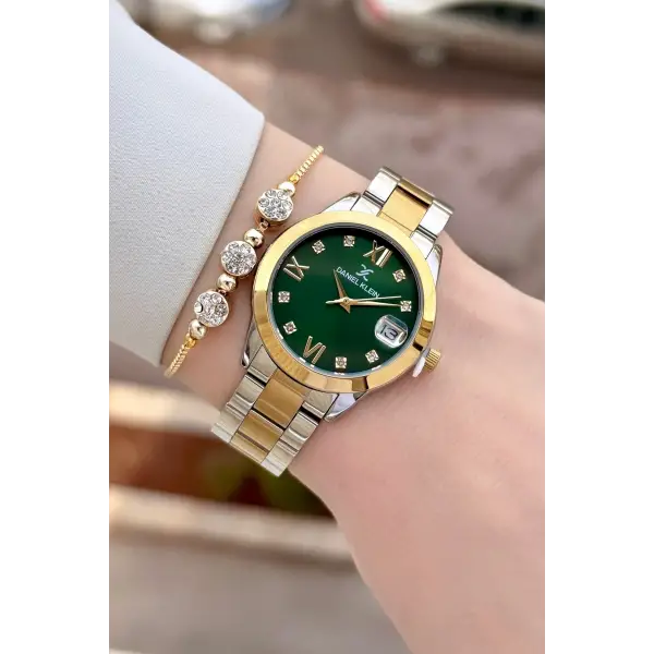 Kadranı Yeşil Kodronu Gold Gümüş Renk 33 Mm Kadın Kol Saati ve Bileklik