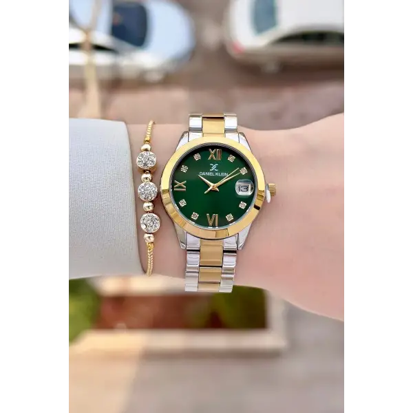 Kadranı Yeşil Kodronu Gold Gümüş Renk 33 Mm Kadın Kol Saati ve Bileklik