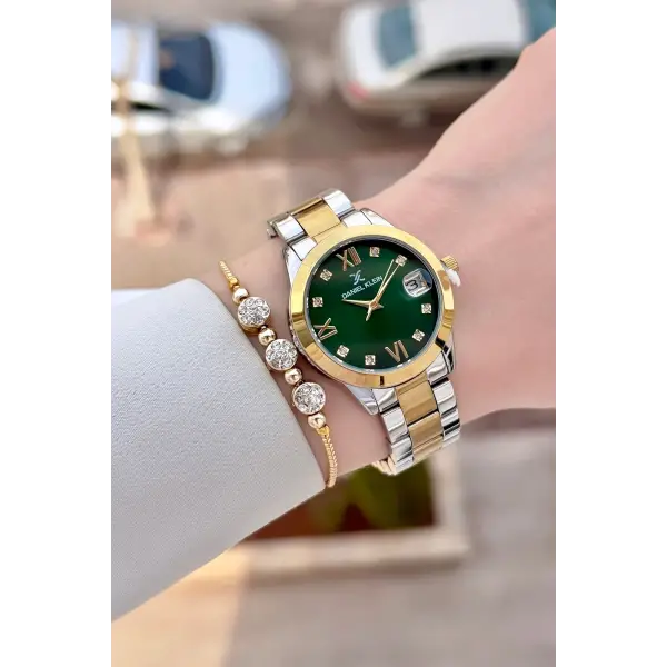 Kadranı Yeşil Kodronu Gold Gümüş Renk 33 Mm Kadın Kol Saati ve Bileklik