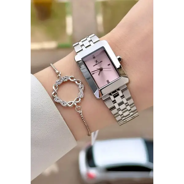 Kadranı Pembe Kodronu Gümüş Renk 22 Mm Kadın Kol Saati ve Bileklik