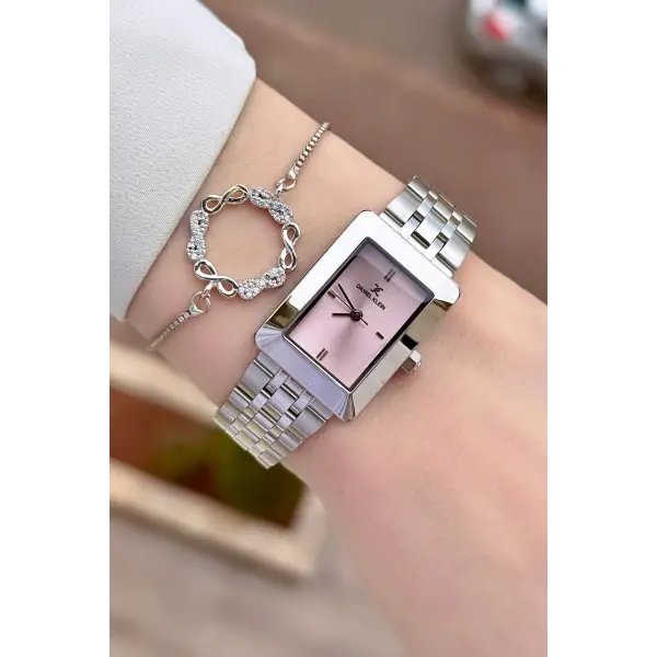 Kadranı Pembe Kodronu Gümüş Renk 22 Mm Kadın Kol Saati ve Bileklik