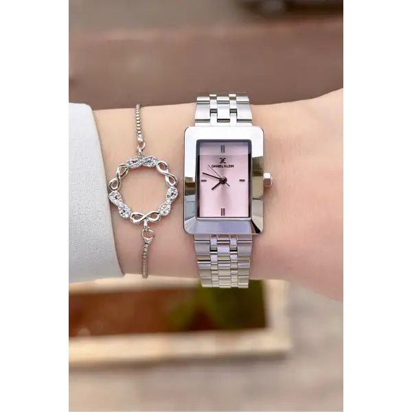 Kadranı Pembe Kodronu Gümüş Renk 22 Mm Kadın Kol Saati ve Bileklik