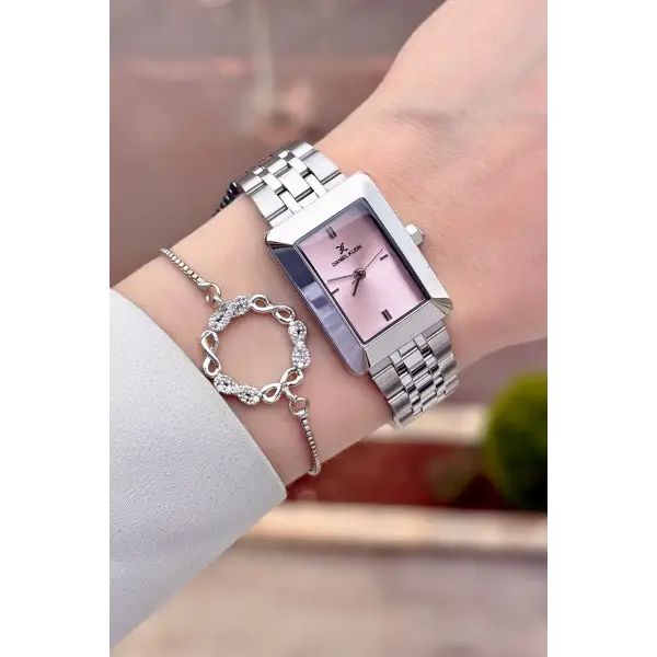 Kadranı Pembe Kodronu Gümüş Renk 22 Mm Kadın Kol Saati ve Bileklik