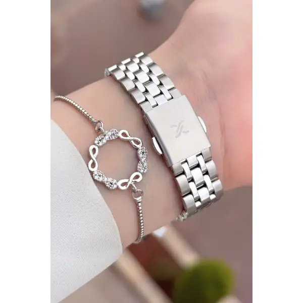 Kadranı Pembe Kodronu Gümüş Renk 22 Mm Kadın Kol Saati ve Bileklik