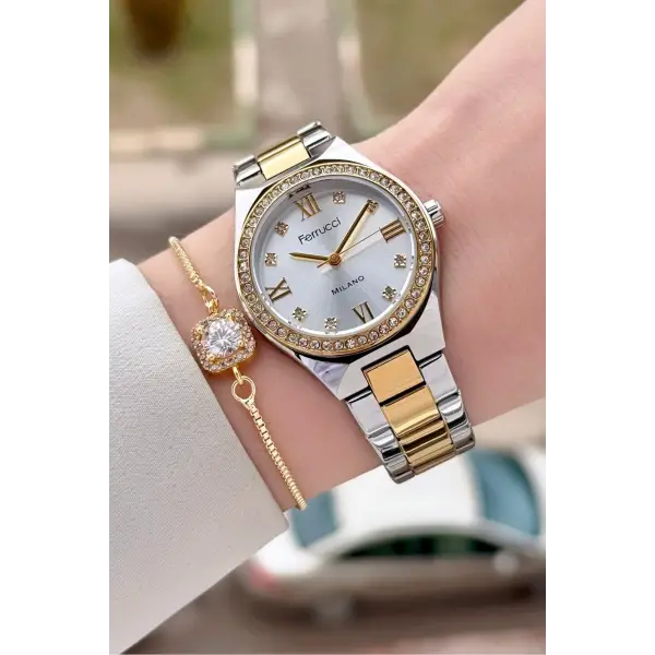 Gold Gümüş Renk Kadın Kol Saati ve Bileklik