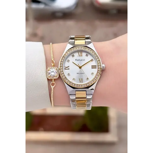 Gold Gümüş Renk Kadın Kol Saati ve Bileklik