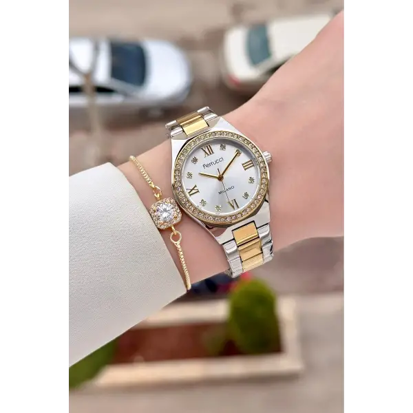 Gold Gümüş Renk Kadın Kol Saati ve Bileklik