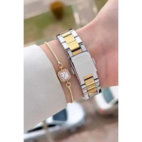 Gold Gümüş Renk Kadın Kol Saati ve Bileklik