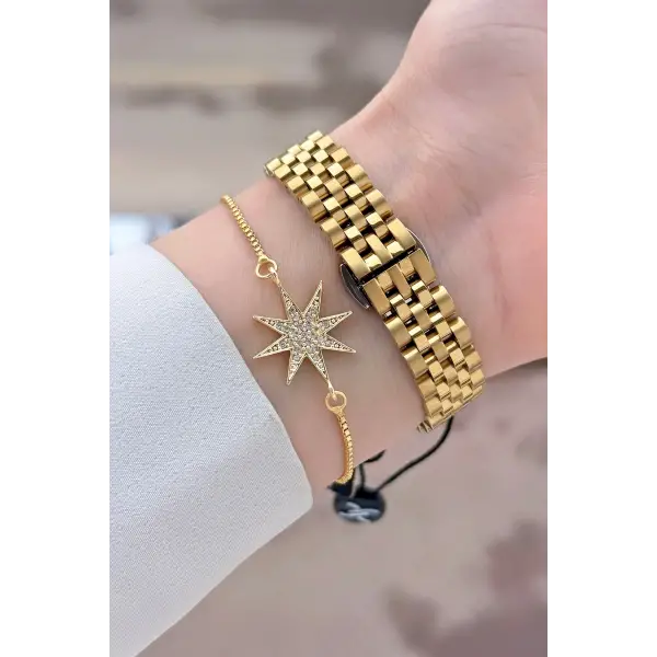 Gold Renk 30 Mm Kadın Kol Saati ve Bileklik