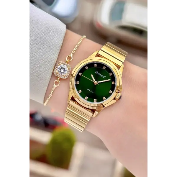 Kadranı Yeşil Kordonu Gold Renk Kadın Kol Saati ve Bileklik