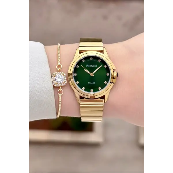Kadranı Yeşil Kordonu Gold Renk Kadın Kol Saati ve Bileklik