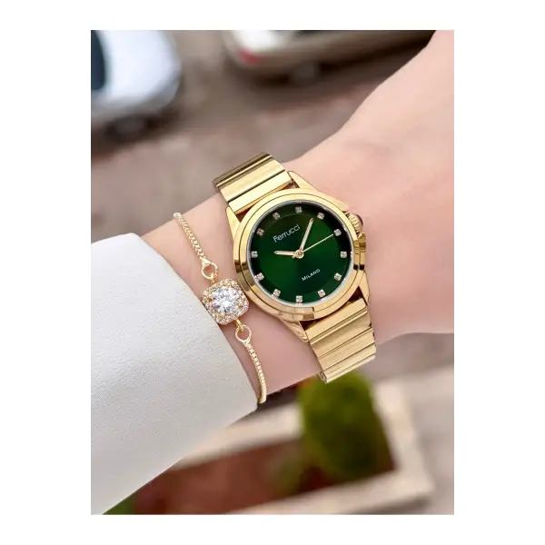 Kadranı Yeşil Kordonu Gold Renk Kadın Kol Saati ve Bileklik