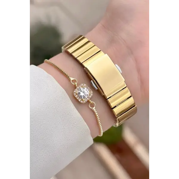 Kadranı Yeşil Kordonu Gold Renk Kadın Kol Saati ve Bileklik