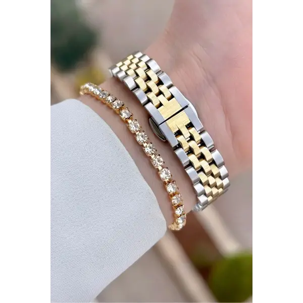 Gold Gümüş Renk 28 Mm Kadın Kol Saati ve Bileklik