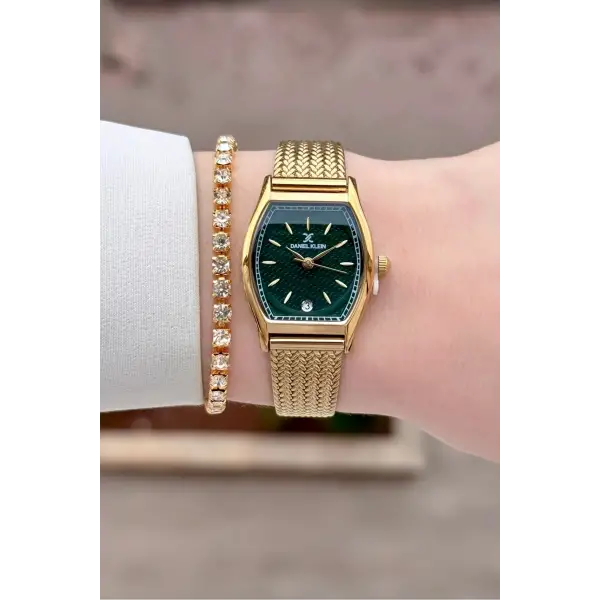 Kadranı Yeşil Kordonu Gold Renk Kadın Kol Saati ve Bileklik
