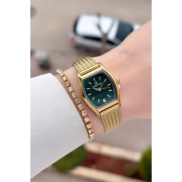 Kadranı Yeşil Kordonu Gold Renk Kadın Kol Saati ve Bileklik