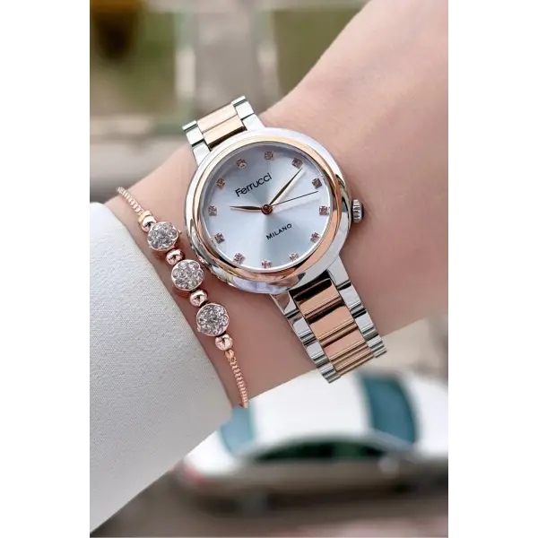 Rose Gümüş Renk Kadın Kol Saati ve Bileklik