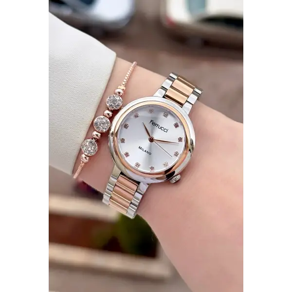 Rose Gümüş Renk Kadın Kol Saati ve Bileklik