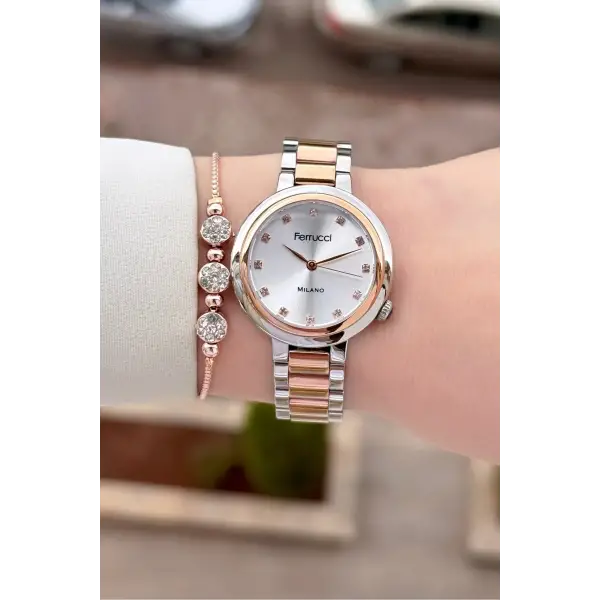 Rose Gümüş Renk Kadın Kol Saati ve Bileklik