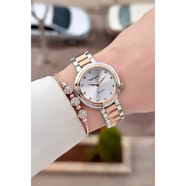 Rose Gümüş Renk Kadın Kol Saati ve Bileklik