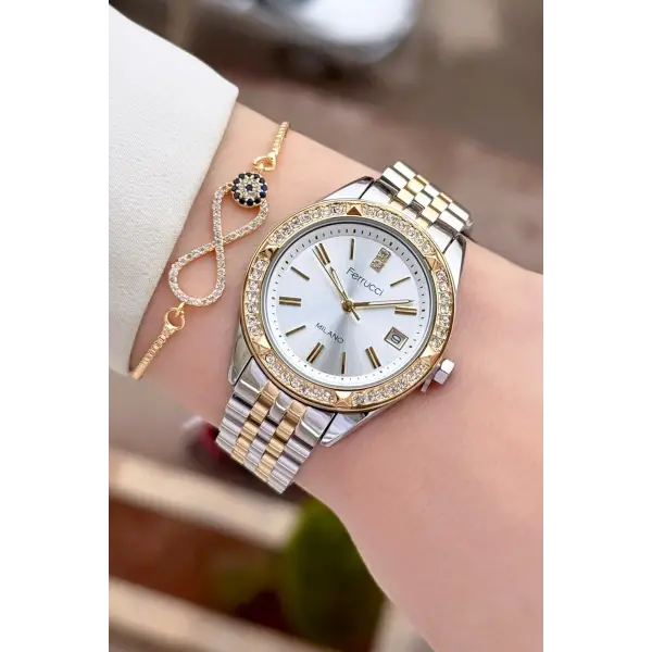 Gold Gümüş Renk 34 Mm Kadın Kol Saati ve Bileklik