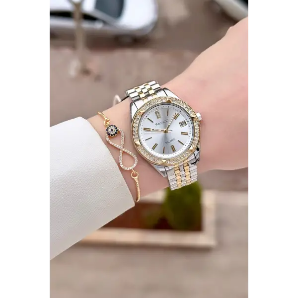 Gold Gümüş Renk 34 Mm Kadın Kol Saati ve Bileklik