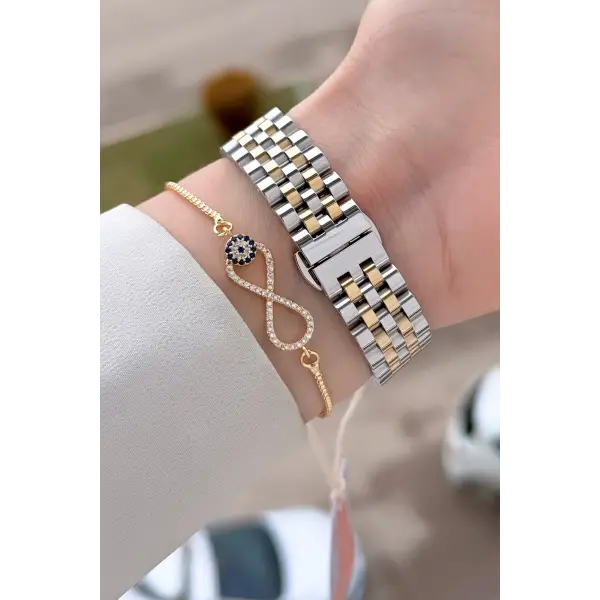 Gold Gümüş Renk 34 Mm Kadın Kol Saati ve Bileklik