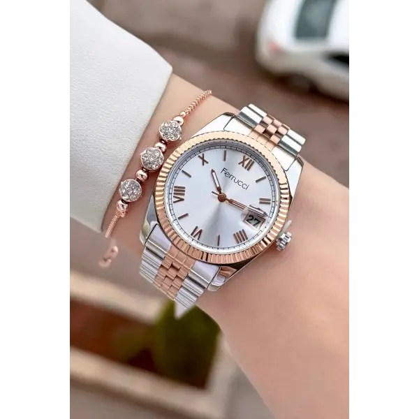 Rose Gümüş Renk Kadın Kol Saati ve Bileklik