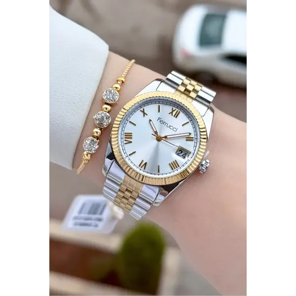 Gold Gümüş Renk Kadın Kol Saati ve Bileklik