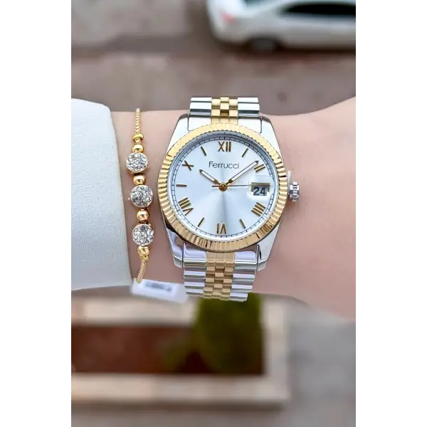 Gold Gümüş Renk Kadın Kol Saati ve Bileklik