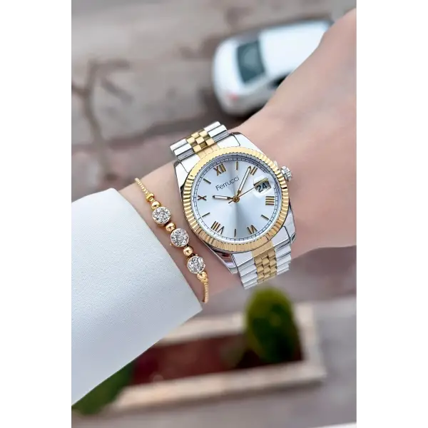 Gold Gümüş Renk Kadın Kol Saati ve Bileklik